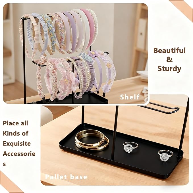 Headband Holder Organizer Metal 2-Tier with Tray, Necklace Storage Hairband Rack Hair Accessories Display Stand Stand Home Bedroom College Dorm Decor for Girls Women (Black)