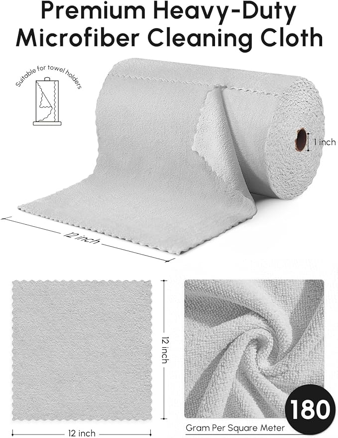 Microfiber Cleaning Cloths Roll, 225 Pack Tear Away Microfiber Towels Roll, 12" x 12" Lint Free Rags, Reusable Cleaning Cloths, Washable, Scratch Free,Ultra Absorbent Dish Rags(Grey)