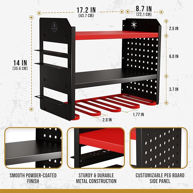Power Tool Organizer Wall Mount - 3-Tier Heavy-Duty Metal Hand Tool Storage Rack, Utility Racks, Drill Holder, PegBoard Side, & More - Garage Storage Cordless Tool Organizer (Red)