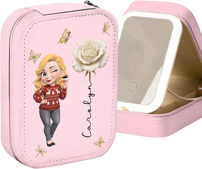 Bloom Within - Personalized Jewelry Box with LED Mirror, Birth Flower Jewelry Storage Box for Bestie, Cartoon Girl Custom Leather Jewelry Box, Floral Jewelry Organizer for Women, Bestie Gifts