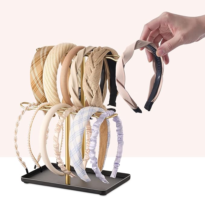 Headband Holder Organizer for Hair Accessories: Headband Storage Vanity Hair Clip Organizer, Two-Tier Stand with Storage Tray for Girls Women, Jewelry Necklace Rack for Vanity, Bathroom, Gold Black