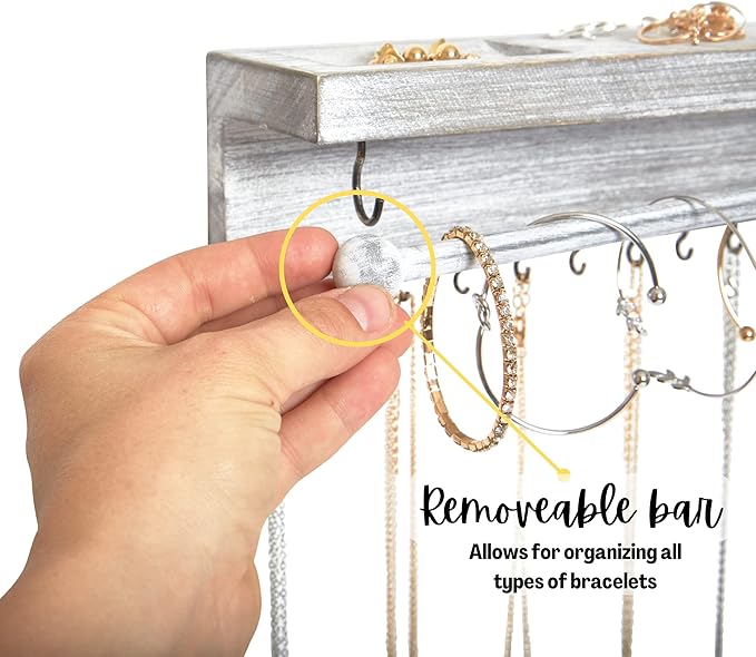Rustic Necklace Jewelry Organizer - Gray White Wall Mount Jewelry Holder - Mounted Hanging Jewelry Storage Hooks for Necklace, Earrings, and Rings - Farmhouse Wood Decor Bedroom Boho Shelf Rack