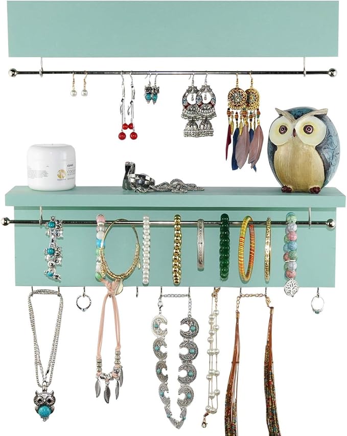 Spiretro Wall-Mounted Jewelry Organizer - Wood Turquoise - Necklace Holder with Removable Metal Bar - Earrings Bracelets Hooks - Shelf Storage