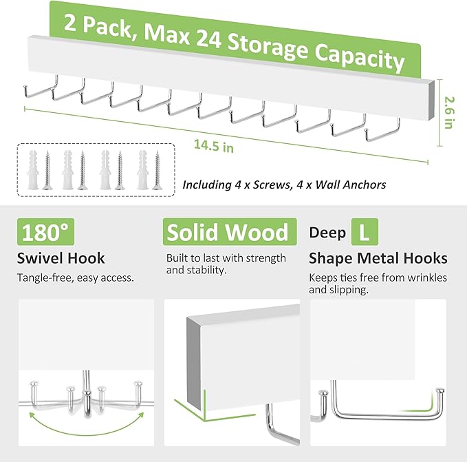 2 Pack Tie Rack Wall Mounted Belt Organizer for Men, Wooden Tie Hanger for Wall Closet with 24 Non-Slip Rotating Hooks Necktie Storage Space Saving, White