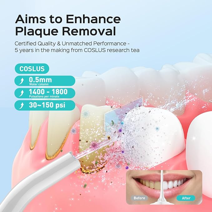 COSLUS Water Dental Flosser Pick for Teeth C30(FC5360): 4 Modes Cordless Portable 300ML Larger Tank Water Teeth Cleaner IPX7 Waterproof Flossing Cleaning Picks for Home Travel White