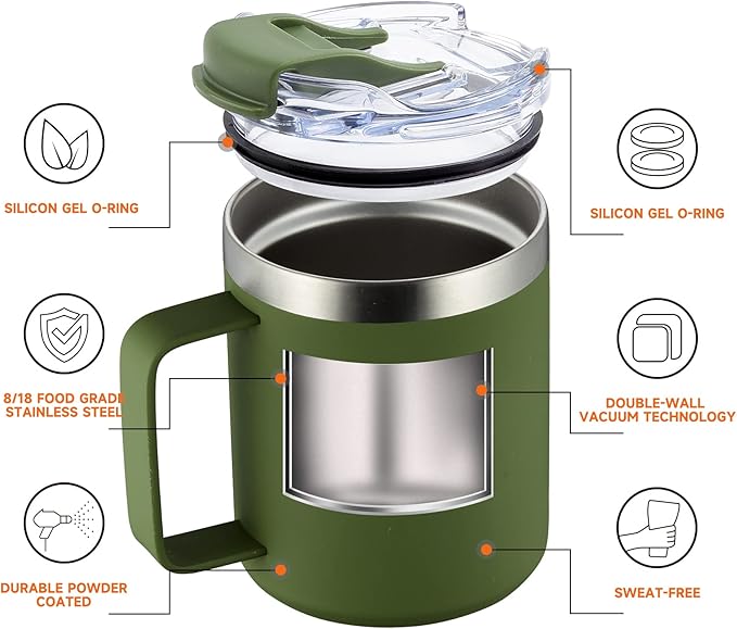 ALOUFEA 12oz Insulated Coffee Mug Cup with Handle, Stainless Steel Travel Coffee Mug with Flip Lid, Double Wall Vacuum Coffee Tumbler, ArmyGreen