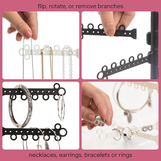 AllHungUp 12-Tier Wall Jewelry Organizer Wall Mounted Jewelry Organizer Necklace Holder Wall Mount Hanging Necklace Organizer Jewelry Hanger Wall Mounted Earring Holder Display Earring Organizer White