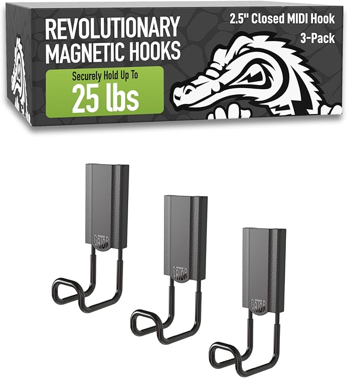 GATOR MAGNETICS MIDI 2.5" Closed Hooks, 25 lb Heavy Duty Magnetic Hooks for Steel Surfaces, Patented Easy-Release, Non-Slip Grip – Storage & Organization, Garage, Shed, Home, Cleaning Tools - 4 Pack