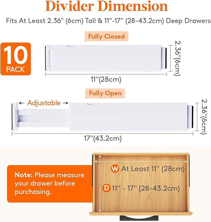 Lifewit 10 Pack 2.36" High Drawer Dividers 28-43.5cm/11-17" Adjustable Drawer Organizer for Clothes/Utensils, Expandable Drawer Separator in Dresser/Kitchen/Bedroom/Office Organization & Storage White