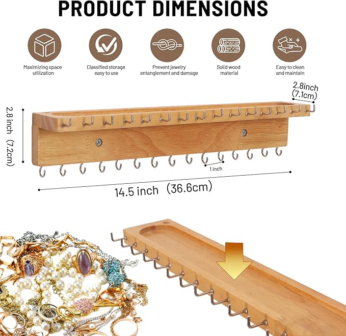 Necklace Holder Organizer Wall Mount,Jewelry Holder Organizer with 30 Hooks,Oak Jewelry Organizer and Storage for Necklaces,Bracelets and Rings (Wood Color)