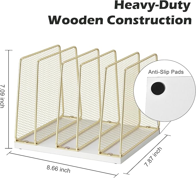 AUPSEN 5-Section Wooden Desktop File Organizer, File Sorter Storage Rack, Vertical File Holder for Office Supplies, Gold
