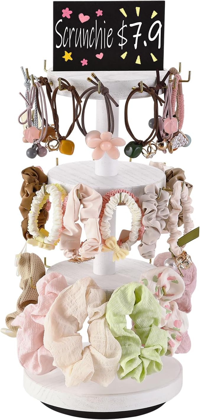Pinzoveco Scrunchie Holder, 3 Tier Hair Accessories Organizer, Rotating Hair Tie Organizer with 36 Hooks Storage Display Scrunchie Organizer for Women and Girls, White and Gold