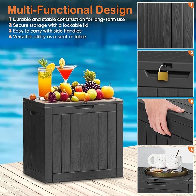 Sweetcrispy Deck Box with 31 Gallon Capacity, Weatherproof Resin Lockable Outdoor Storage for Secure Package Deliveries and Indoor Storage in Garden or Patio, Backyard, Modern Black