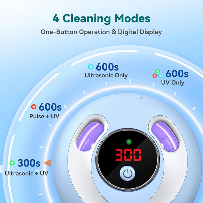 Dental Ultrasonic Retainer Cleaner Machine: 45kHz Dental Cleaning Pod for Denture, Mouth Guard, Night Guard, Aligner, Braces, Toothbrush Head & Jewelry, UV Cleaner with Digital Timer & 4 Modes, Blue
