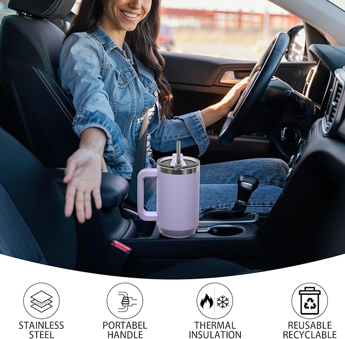 30 oz Tumbler with Handle,Tumbler with Lid and Straw,Double Wall Insulated Cup Stainless Steel Travel Mug(Cold for 34 Hours),Water Bottle for Iced Tea,Coffee,Cold Beverages(Purple)