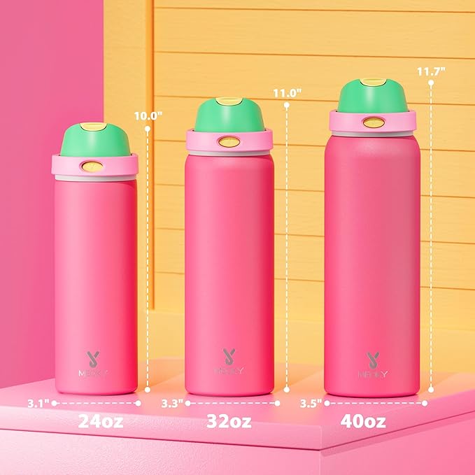 24 oz Insulated Water Bottle for Women: Meoky Stainless Steel Water Bottle with 2-in-1 Straw and Spout Lid - Leak Proof, Cold for 24 Hours, Fits in Car Cup Holder, BPA-Free for Sports Travel, Ruby