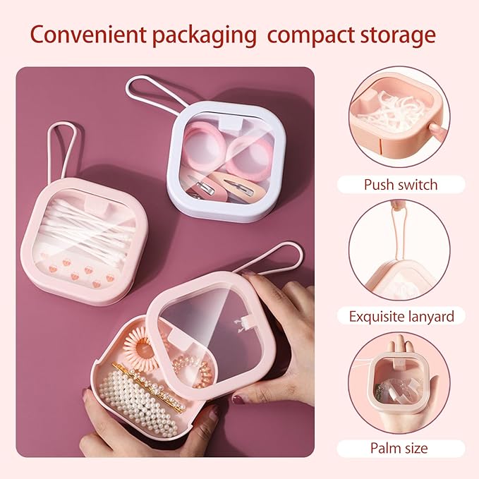 2-Pack Hair Tie and Cotton Swab Storage Box (With Lid) - Portable Hair Accessory Storage Box, Cotton Swab Holder for Bathroom, Dressing Table, Travel - Pink
