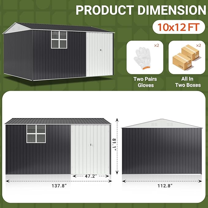 Polar Aurora 10X12 FT Metal Outdoor Storage Shed with Window, Heavy-Duty Galvanized Steel Garden Shed with Lockable Doors and 4 Vents, Large Weatherproof Tool Shed for Backyard Patio Outside, Black
