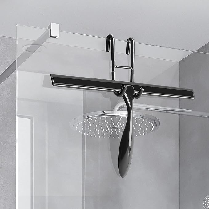 Simtive 12-Inch Shower Squeegee Set, Includes Shower Door Hook and Adhesive Hook, Squeegee for Shower Doors, Mirror and Window, Black