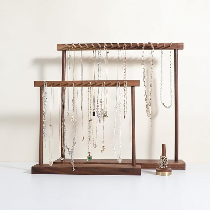 GemeShou Large necklace hanger shelf with 17 copper bars, Wooden jewelry storage organizer rack for hanger necklace bracelet, necklace display stand for boutique store【Walnut】