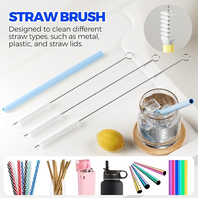 6 Pack Holikme 4 in 1 Cup Lid Cleaning Brush Set with 3 Straws, Multifunctional Bottle Brush, Silicone Cup Lid Gap Cleaner, Durable Bristle Crevice Cleaning Brush, Blue & Yellow & Red