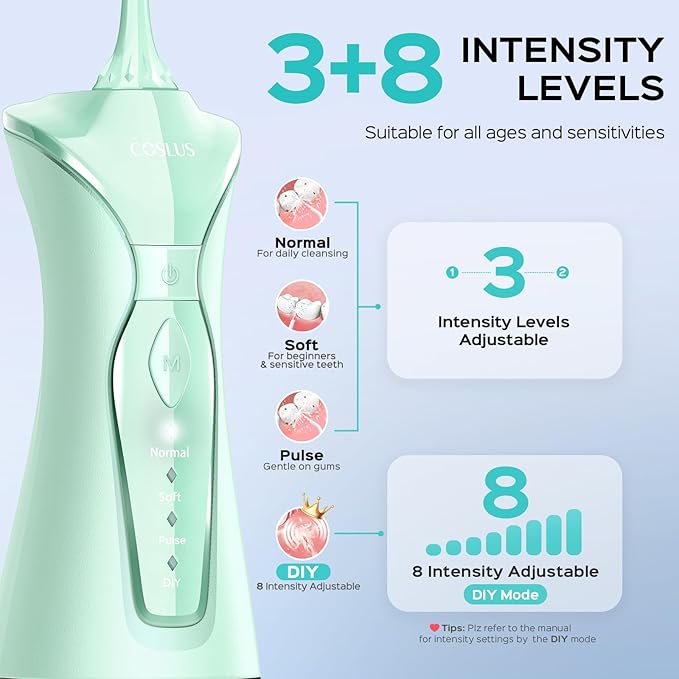 COSLUS Water Dental Flosser Pick for Teeth C30(FC5360): 4 Modes Cordless Portable 300ML Larger Tank Water Teeth Cleaner IPX7 Waterproof Flossing Cleaning Picks for Home Travel Green