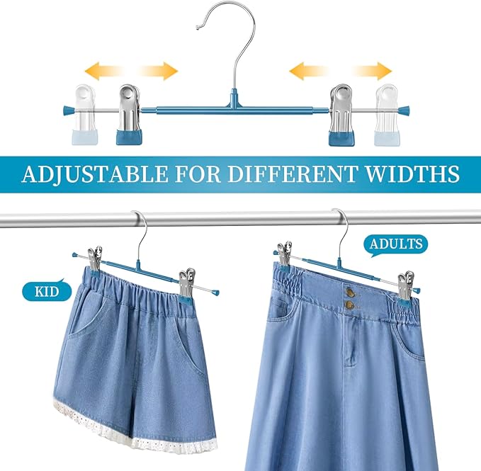 14Inch Blue Pants Hangers with Clips 10 Pack Adjustable Skirt Hangers for Women Non-Slip Trousers Hanger for Jeans Clothes Hangers for Pants Heavy Duty Space Saving Shorts Hangers