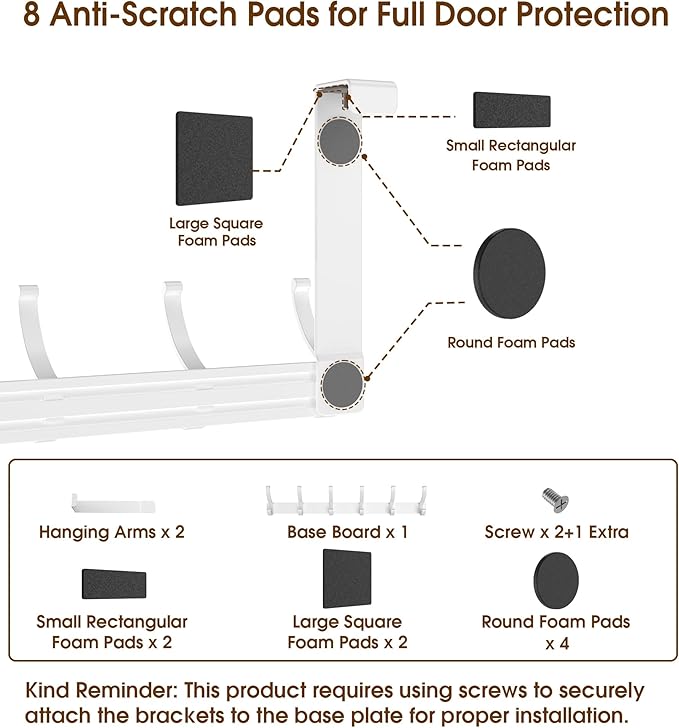 Over The Door Hooks Hanger with 7" Arms, Door Hooks for Hanging, Fit 1 3/4" Door, Tool-Free Assembly, F7U, Towel Racks Organizer Holder for Bathroom - White