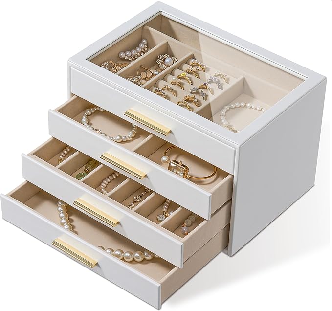pickpiff Jewelry Box Organizer Case for Women: 4-Layer Jewelry Storage Case with Glass Window, Pure White Leather with Velvet Holder for Ring Necklace Bracelet Brooch Watch, Great Gift for Her