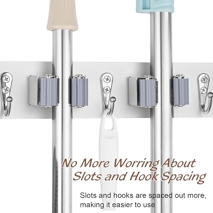 White Mop Broom Holder Wall Mount with 4 Slots & 4 Hooks - Wood Broom Mop Hanger for Pantry Closet Laundry Room Organization - Heavy Duty Garden Tool Organizer - White Kitchen Decor