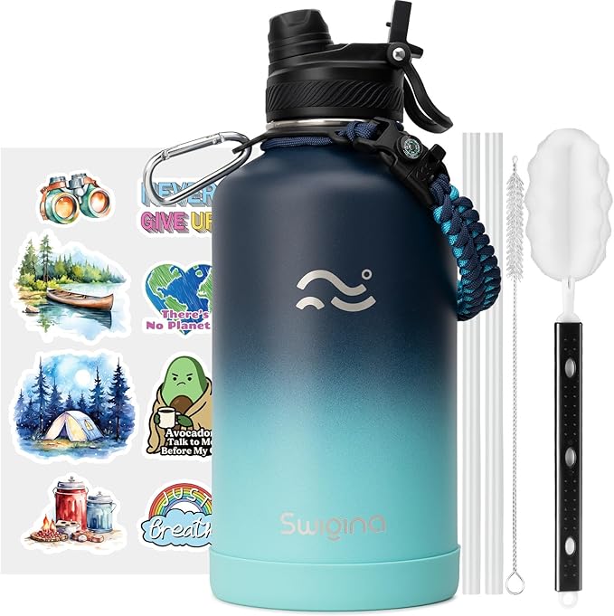 [2-IN-1 LID] 64 oz Insulated Water Bottle with Silicone Boot (48hrs Cold/24hrs Hot) - DIY Stickers, Leakproof, BPA Free, Half Gallon