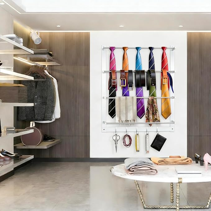 Wall-Mount Display Rack with 5 Hooks, Organizer Ribbon Holder Spool Roll Scarf &Tie Towel Storage Rack Sewing Craft Wrapping Paper Holder for Craft Room Retail Store Florist Home Bedroom