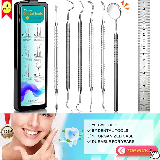 Dental Tools, Dental Pick for Teeth Cleaning, Stainless Steel Hygiene Kit with Tooth Scraper Plaque Tartar Remover - with Case