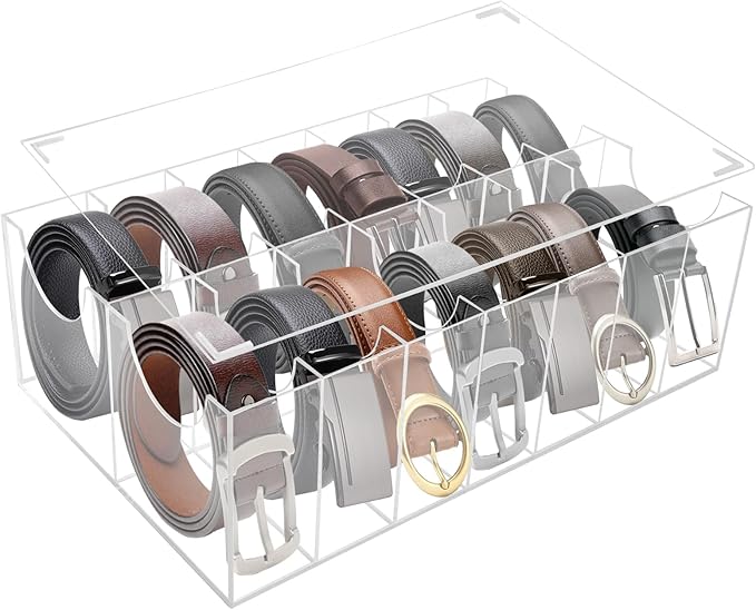 Belt Organizer with Lid, 14 Compartments Acrylic Belt Storage Holder with Dust Cover for Closet Drawer Checkroom Clear Belt Divider Display Case