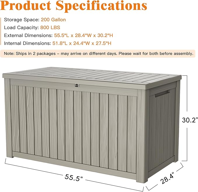 200 Gallon Outdoor Storage Box, Waterproof Deck Box with Handles and Lockable Lid, Resin Patio Storage Box with Hydraulic Rods for Garden Tools, Cushions, Grey
