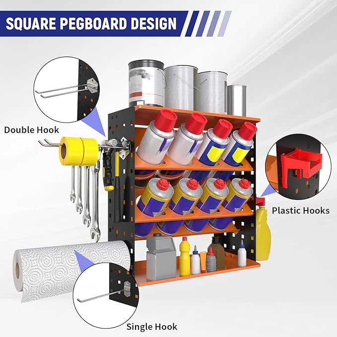 Wall Mount Spray Can Holder, Aerosol Spray Bottle Holder Storage Rack, Heavy-Duty Paint Bottle Organizer with 8 Can Holes & 4 Steel Hooks, 4 Plastic Hooks for Garage, Shop, Home or Tool Trailer