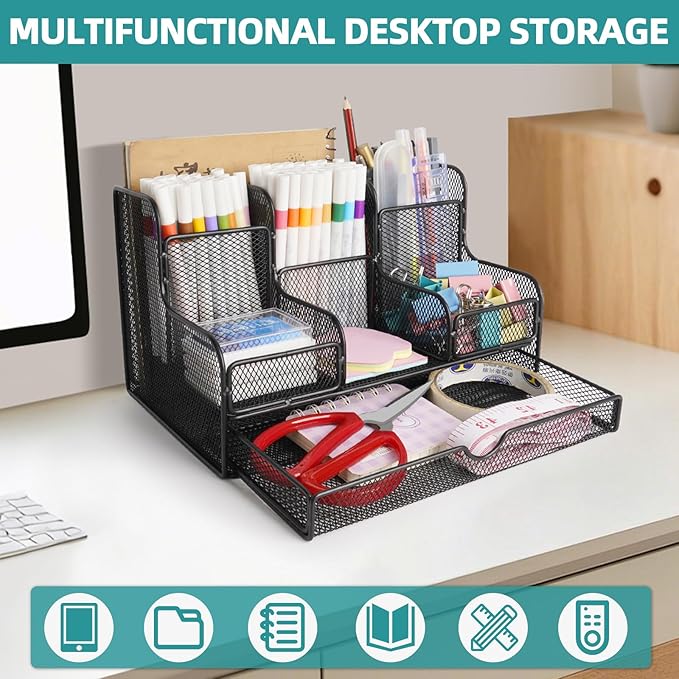 Black Mesh Desk Organizer Caddy and Accessories with 7 Compartments, Mesh Multifunctional Desktop Accessories Organizers Office Supplies Desktop Organizer for Home, Office