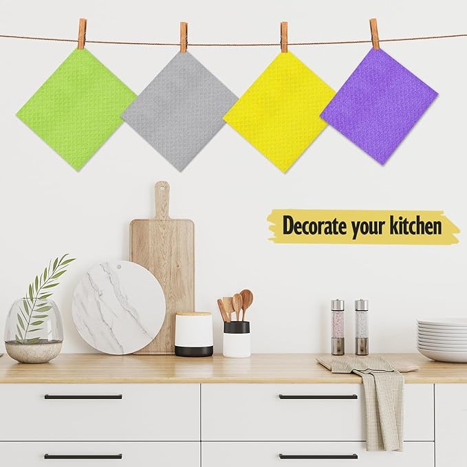 Swedish Dishcloths for Kitchen | 10 Pack Absorbent Cellulose Sponge Cloths Washable | Non-Scratch Reusable Paper Towels Quick Drying Cleaning Rag - Yellow