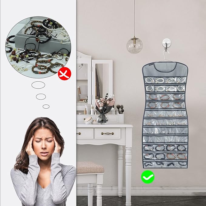 Dual sided Jewelry Hanging Organizer Closet Necklace Holder for Earrings Bracelets Rings with 42 Clear Pockets and 17 Hook Loops (Grey