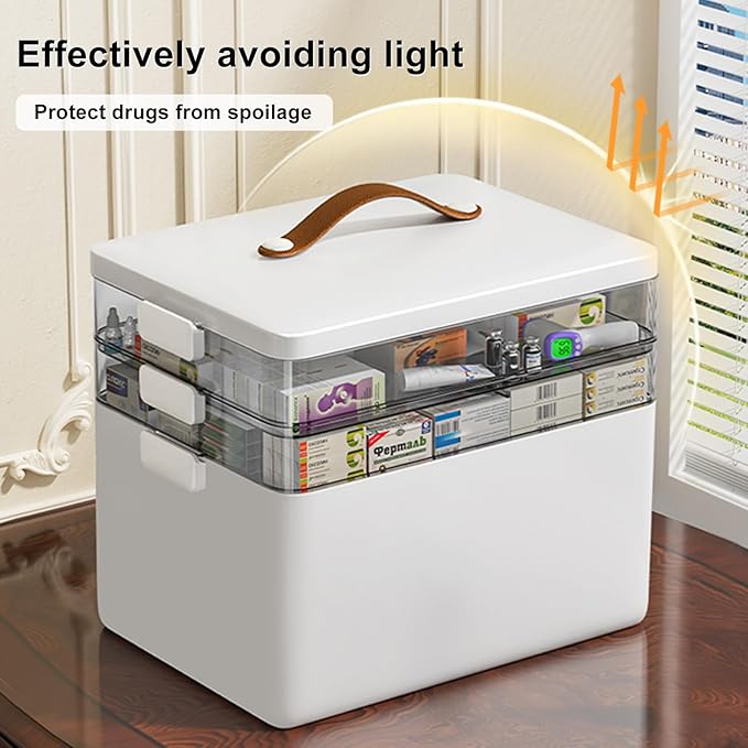 CTIME 3-Tier Medicine Organizer - Portable Medicine Cabinet with Leather Handle, Empty First Aid Kit for Home