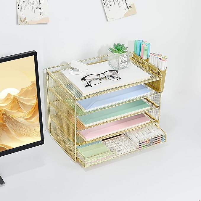 Desk Organizers and Accessories, 5-Tier Paper Letter Tray Organizer with Drawer & 2 Pen Holders, Desktop Organizer for Office Supplies (Gold)