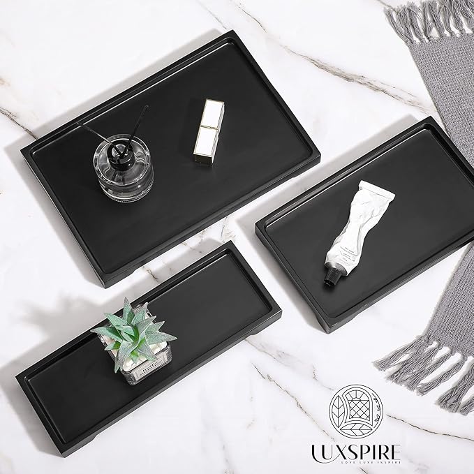 Luxspire Bathroom Vanity Tray, Resin Black Bathroom Tray Toilet Tank Tray, 11.2x4.1 inch Kitchen Sink Trays, Countertop Organizer for Candles Soap Towel Perfume Holder Jewelry Dish, Small, Matte Black