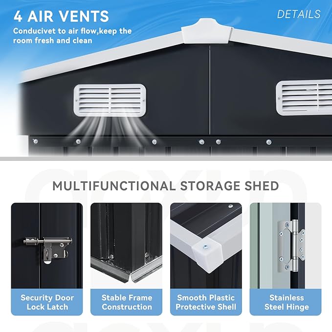 Aoxun 10x12 FT Outdoor Storage Shed - Metal Garden Tool Shed with Lockable Doors & Slooping Roof, Waterproof Outside Storage Shed Ideal for Tools, Garden Equipment & Bikes, Patio Placement(Black)