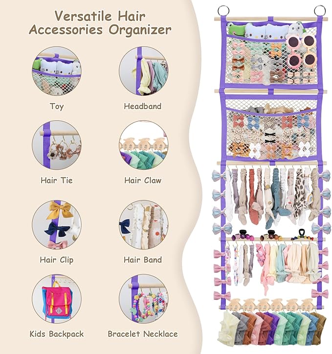 Hair Bow Organizer for Baby Girl, 17x50in Bow Holder Headband Organizer, Hair Clip Accessory Holder Wall Hanging Decor for Women Toddler Kids Room Nursery(Purple)
