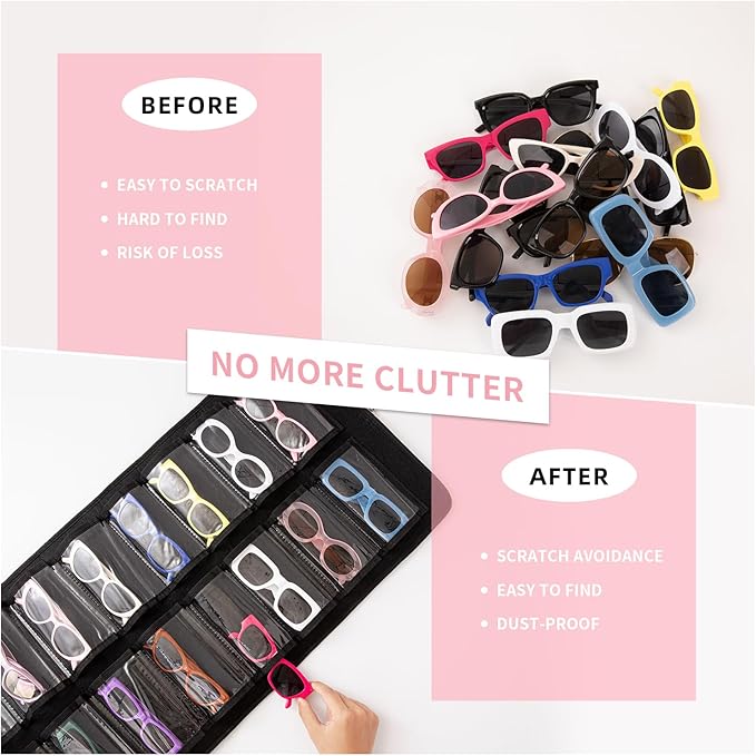 Dual Sided Sunglasses Storage organizer case, Eyeglasses Holder Wall Mounted with 32 Clear Slots & Metal Hook, Dust Proof Sunglasses Storage Case