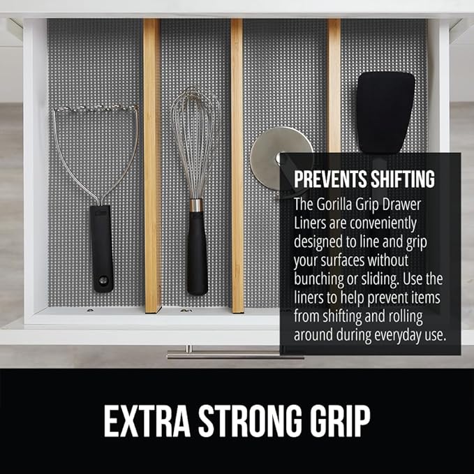 GORILLA GRIP powerGRIP Drawer Shelf and Cabinet Liner, Thick Strong Hold, Non-Adhesive Liners Protect Kitchen Cabinets and Cupboard, Bathroom Drawers, Easy Install, Breathable Mat, 17.5" x20', Gray