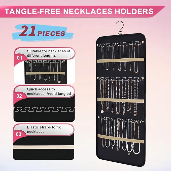 LAKSMI 2 PCS Double-Sided 360° Rotating Earring Organizer Hanging with Necklace Storage, 48 Pockets & 21 Hooks for Door Closet Wall
