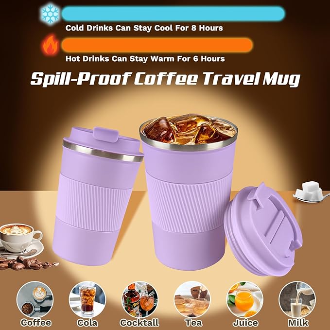 Vacuum-Insulated Stainless Steel Travel Coffee Mug, Leak-Proof Reusable Coffee Cup with Lid - Keep Hot & Cold Drinks for Hours, Durable Insulated Tumbler for Men & Women(3rd-Purple, 17OZ)