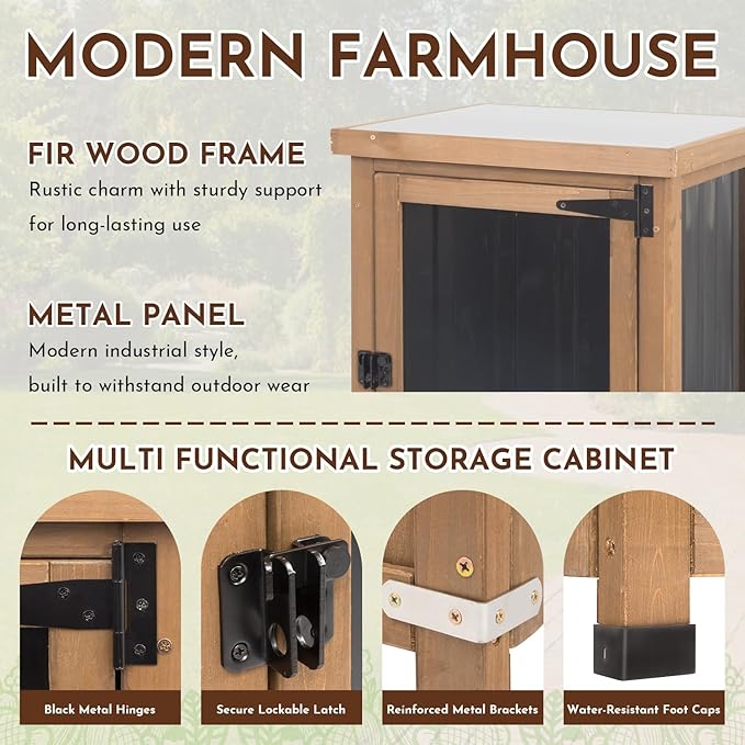 Outdoor Storage Cabinet with Metal Worktop, Fir Wood Frame & Adjustable Shelf, Weather-Resistant Garden Tool Organizer for Patio, Porch, Balcony, or Garage,18" L x 18" W x 33.5" H