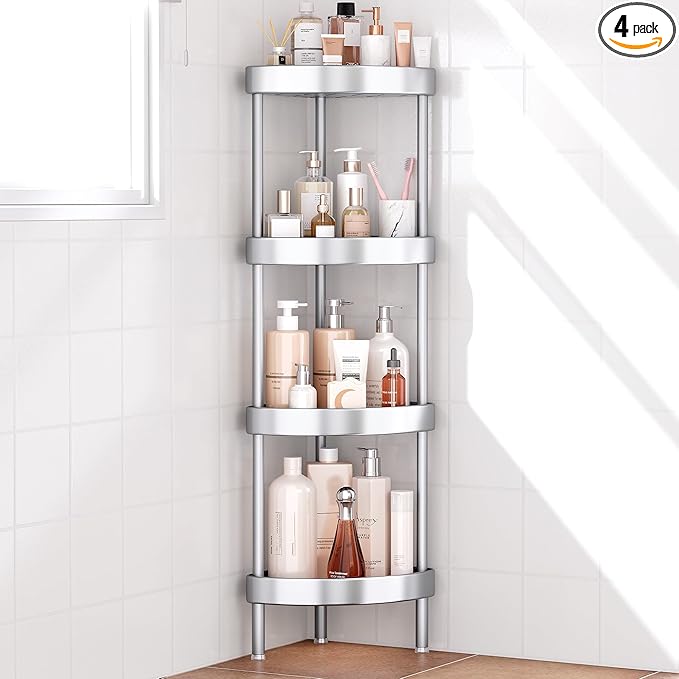Nieifi Corner Shower Caddy Stand-4 Tier Rustproof Anodized Aluminum Standing Shower Organizer-Shower Caddy Corner-Dual Stability to Anti-Shaking-Height-Adjustable Legs for Uneven Surfaces-Silver